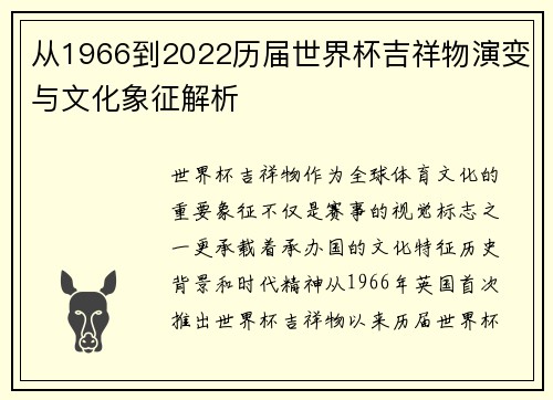 从1966到2022历届世界杯吉祥物演变与文化象征解析 从1966到2022历届世界杯吉祥物演变与文化象征解析
