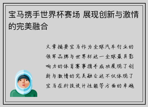 宝马携手世界杯赛场 展现创新与激情的完美融合 宝马携手世界杯赛场 展现创新与激情的完美融合