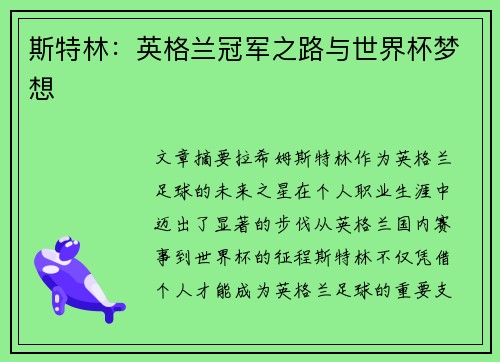 斯特林：英格兰冠军之路与世界杯梦想